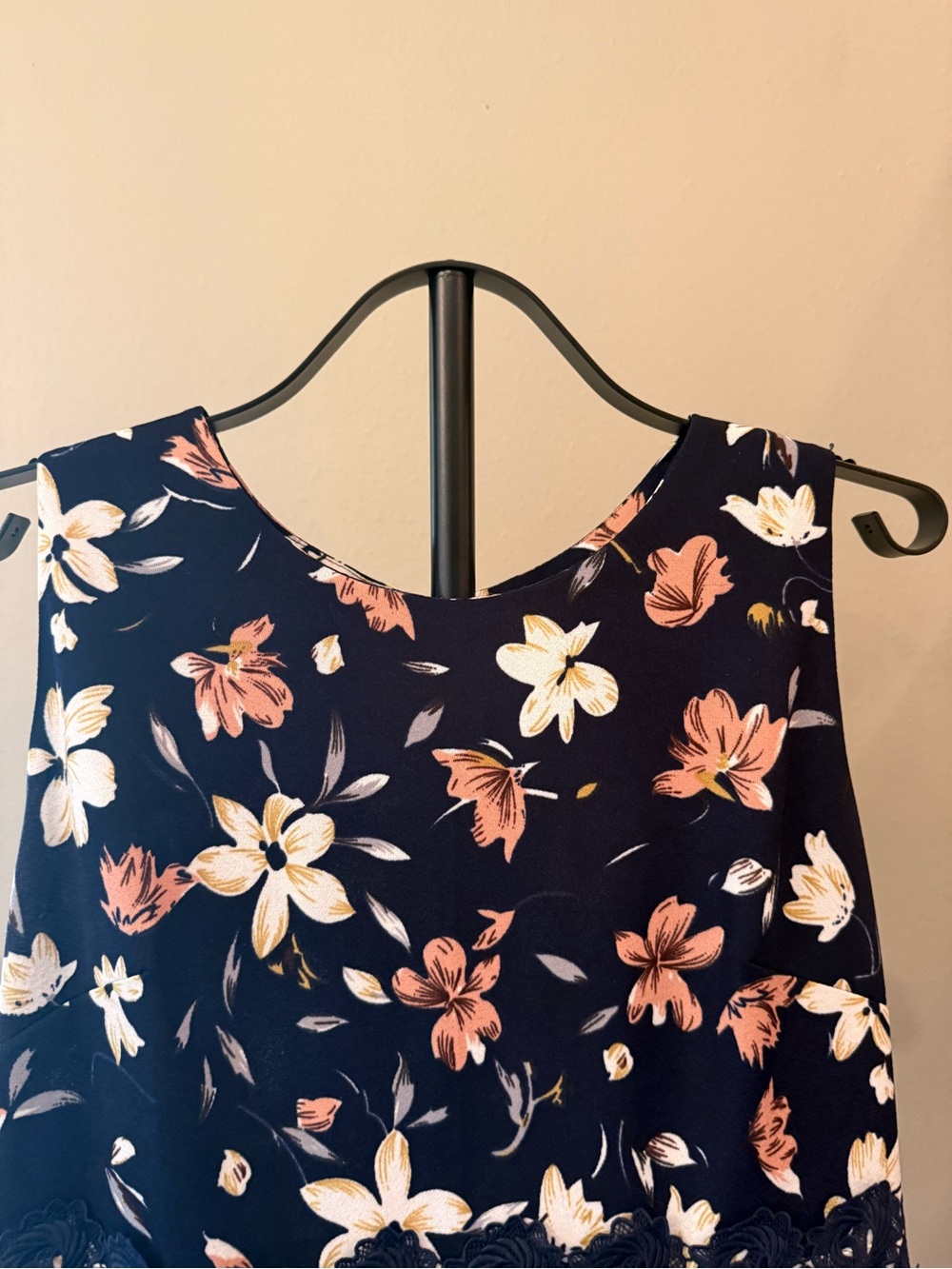 Navy Sleeveless Floral Midi Dress with Lace Waist - Picture 3 of 11